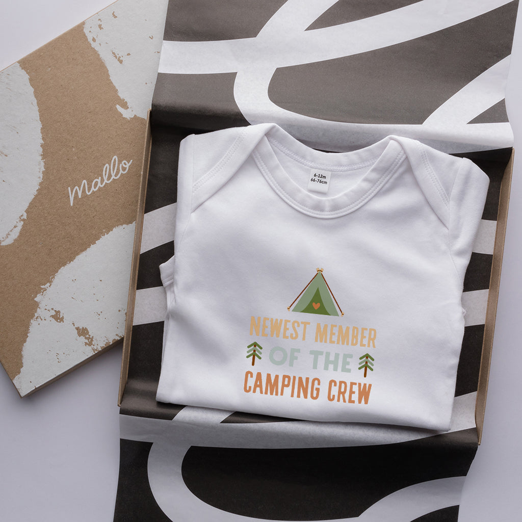 Organic Cotton 'Newest Member Of The Camping Crew' Baby Grow