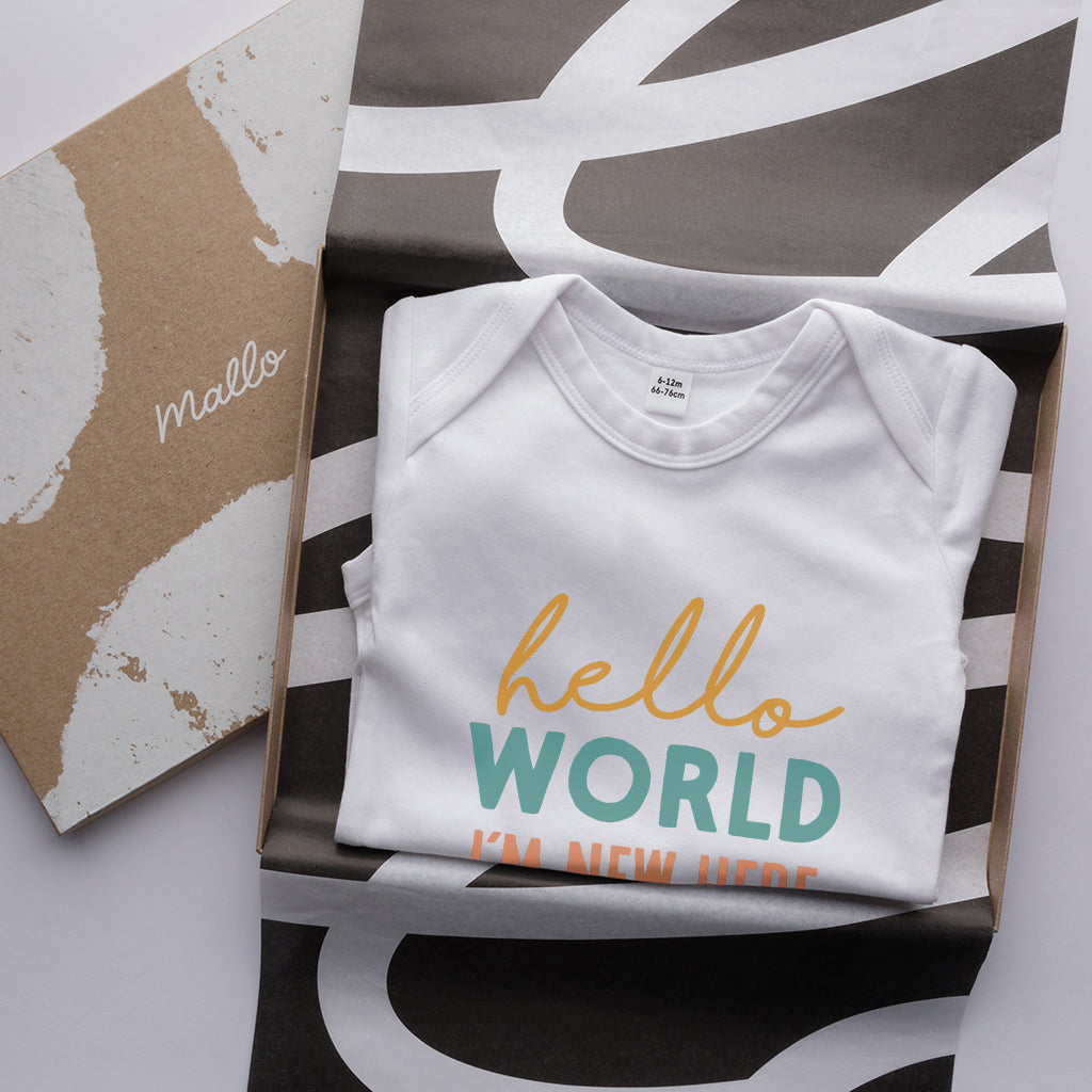 Organic Cotton 'Hello World, I’m New Here' Baby Grow