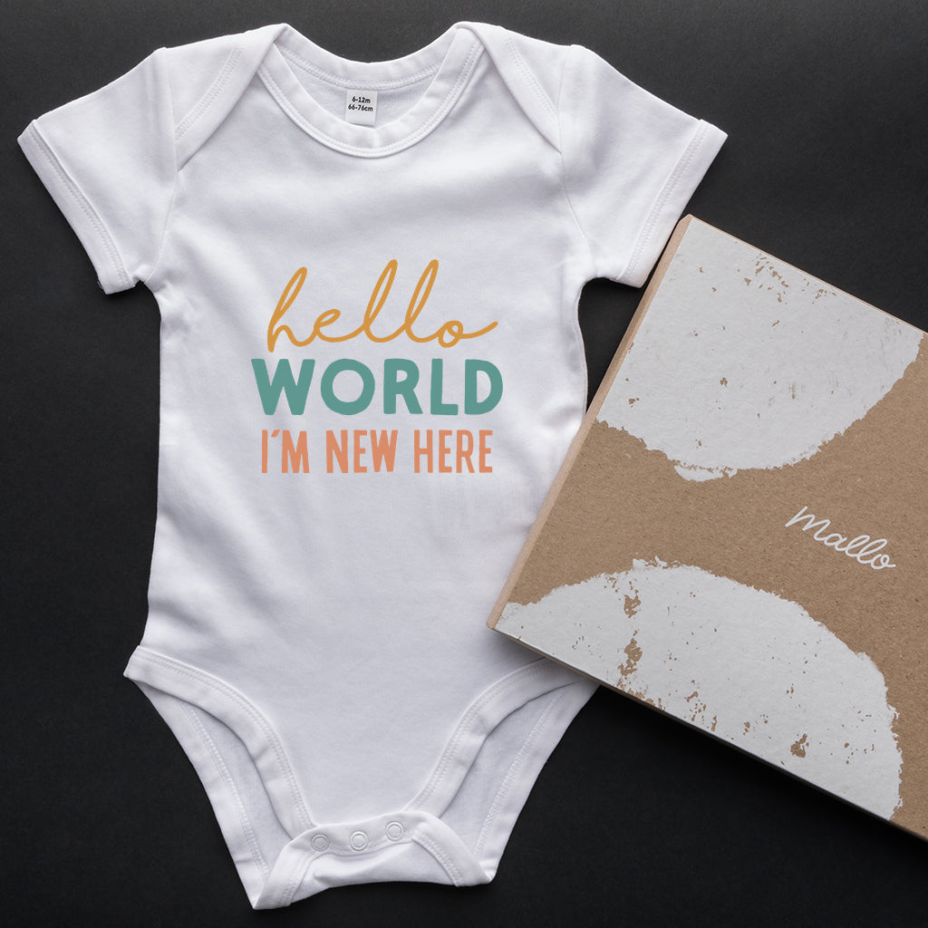 Organic Cotton 'Hello World, I’m New Here' Baby Grow