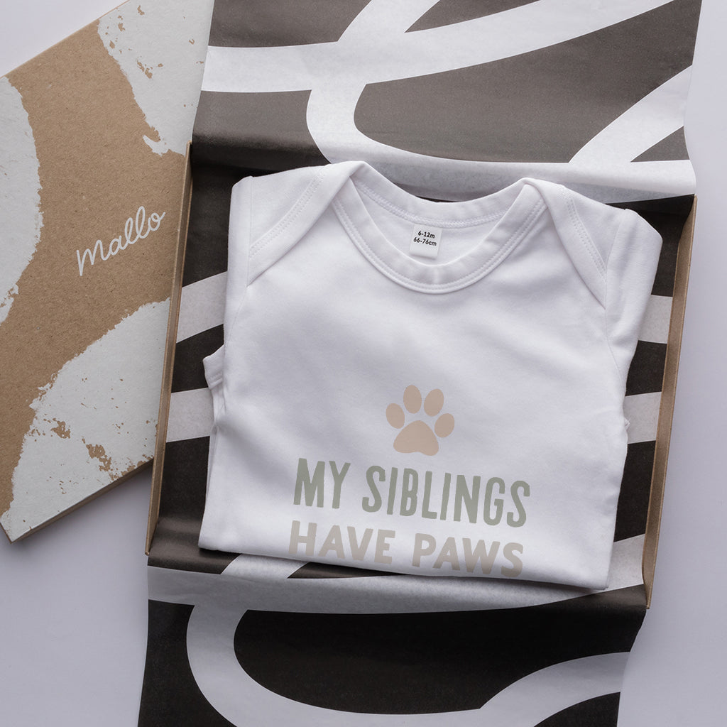 Organic Cotton 'My Siblings have Paws' Baby Grow