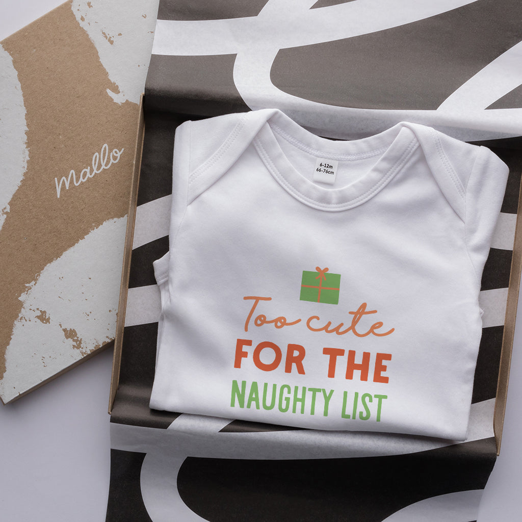 Organic Cotton ‘Too cute for the naughty list’ Funny Christmas Baby Onesie